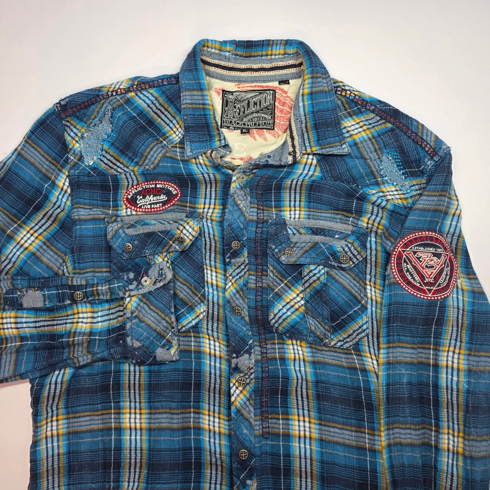 Affliction Black Premium Mens XL Blue Plaid Distressed Patch Western Shirt